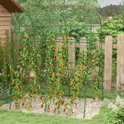 Outsunny Arched Garden Trellis w/ Climbing Net Metal Cucumber Plant Trellis A-Frame for Climbing Plants 57" x 66" x 81"