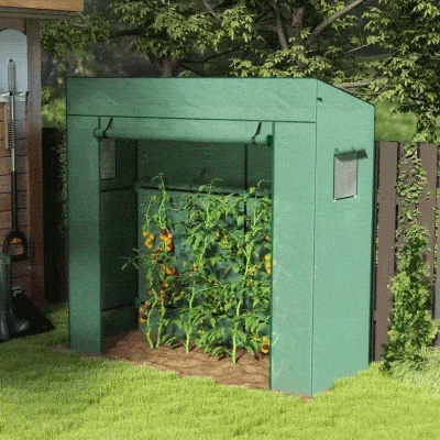 Outsunny Walk-in Tomato Greenhouse Lean-to Green House with Reinforced PE Cover, Roll-up Door, Mesh Windows, Green