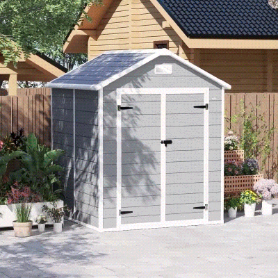 Outsunny 6x5 Plastic Garden Storage Shed with Floor Window Lockable Doors and Vents Outdoor Wood Effect Grey