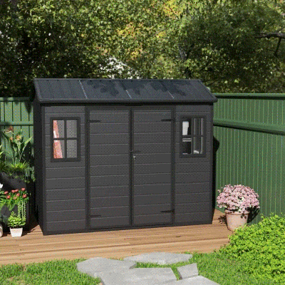 Outsunny 8 x 4 ft Plastic Garden Shed, Wood-Effect Outdoor Storage Shed with Floor, Windows, Lockable Doors and Vents, Dark Grey