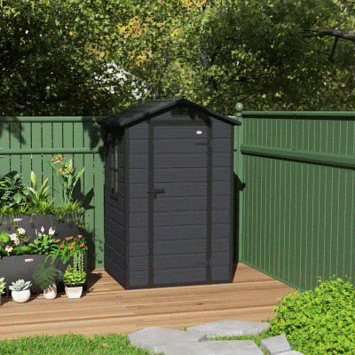 Outsunny 4' x 3' Plastic Garden Shed with Floor, Outdoor Small Shed with Lockable Door, Window and Vent, Dark Grey