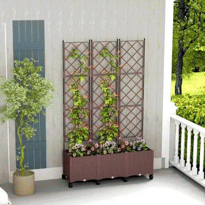 Outsunny Plastic Raised Garden Bed with Trellis, Self Watering Planter Box with Wheels, Drainage Holes and Plugs