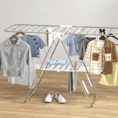 HOMCOM Clothes Drying Rack, 2-Tier Stainless Steel Foldable Laundry Rack with Adjustable Wings and Shoe Holders, Silver