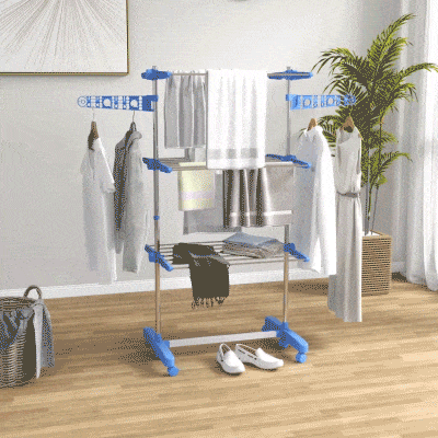 HOMCOM 3-Tier Foldable Clothes Drying Rack, Stainless Steel Laundry Rack with 2 Side Wings and 6 Castors, Collapsible Adjustable Clothes Airer for Indoor Outdoor, Blue