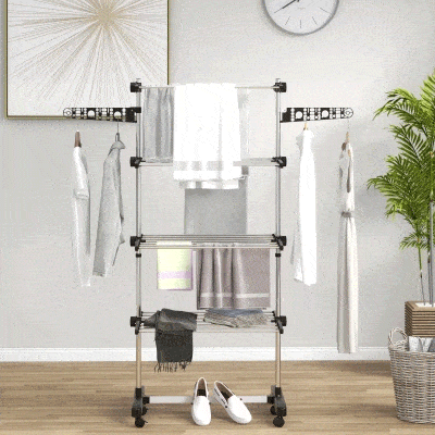 HOMCOM Garment Drying Rack Stainless Steel Folding Clothes Hanging Rack with Side Wings Castors for Indoor Outdoor Black