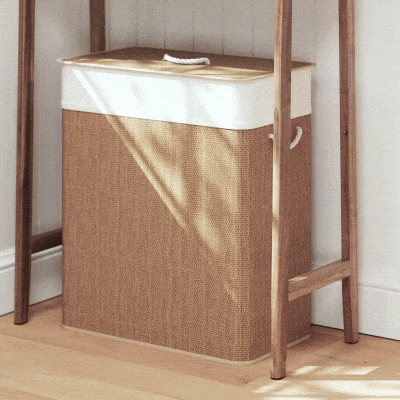 HOMCOM Double Laundry Basket with Lid, 100L Bamboo Laundry Hamper with Rope Handles and Removable Bags, Brown