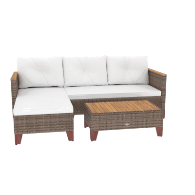 Outsunny 3 Piece Patio Furniture Set, L-Shaped Outdoor Furniture Conversation Set with Wood Top Coffee Table, Cream