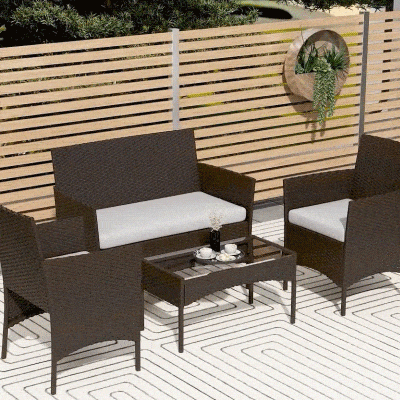 Outsunny 4 Pieces Wicker Outdoor Balcony Furniture Set Rattan Patio Furniture Set with Loveseat Chairs Glass Coffee Table Beige