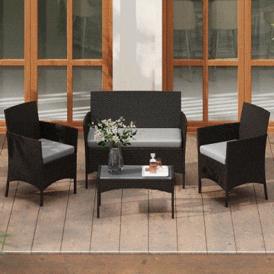 Outsunny 4 Pieces Wicker Outdoor Balcony Furniture Set Rattan Patio Furniture Set with Loveseat Chairs Glass Coffee Table Grey