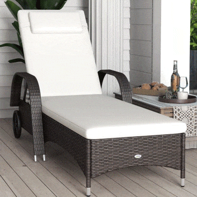 Outsunny Wicker Chaise Lounge, Outdoor Lounge Chair, PE Rattan Patio Sun lounger with Head-rest, 5-Level Height Adjust Backrest, Cushion & Wheels, Mixed Brown and Cream White