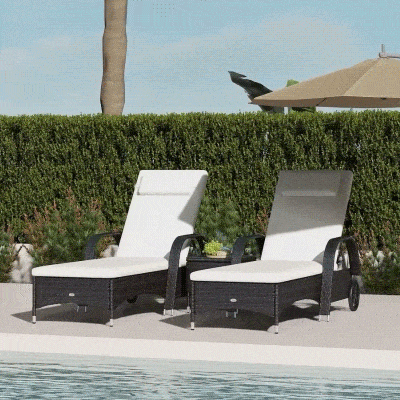 Outsunny 3 Pieces Wicker Patio Lounger Set with Table, PE Rattan Outdoor Lounge Chair Set with Cushions, Wheels, 5-Level Reclining Backrest, Headrest, Brown/Cream