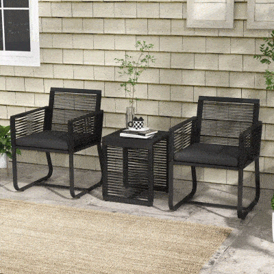 Outsunny 3 Pieces Patio Furniture Outdoor PE Rattan Bistro Set w/ Seat Cushions Tempered Glass Table for Garden Backyard, Black