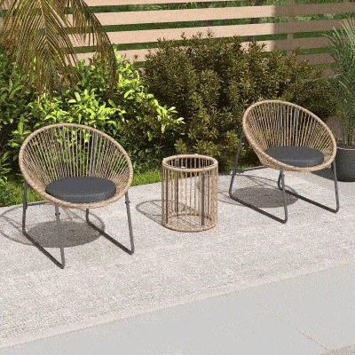 Outsunny Outdoor Bistro Set, 3 Piece Wicker Patio Furniture Set with 2 Chairs and Glass-Top Table, Natural Wood