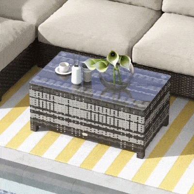 Outsunny Outdoor PE Rattan Wicker Table, Patio Garden Side Table w/Glass Top for Patio, Balcony, Mixed Grey