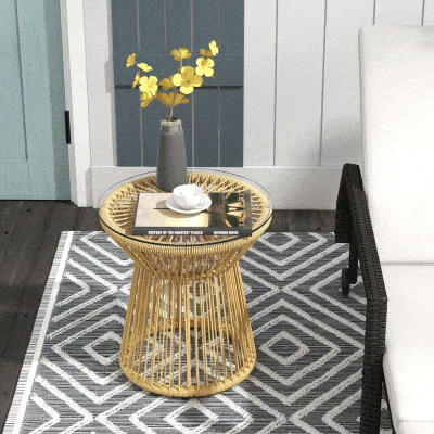 Outsunny Round End Table, Rattan Side Table, Hollow Drum Design Coffee Table w/ Glass Tabletop for Patio, Garden, Balcony, Beige