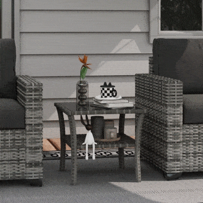 Outsunny 20" Patio Wicker Coffee Table, Outdoor PE Rattan Two-tier Side Table with Glass Top, for Patio, Garden, Balcony, Mixed Grey