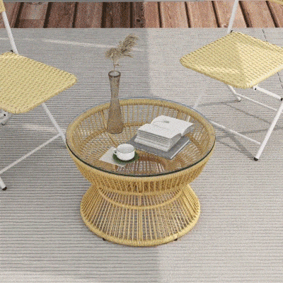 Outsunny Rattan Outdoor Coffee Table, Patio End Table with Tempered Glass Tabletop & Steel Frame, Wicker Furniture, Nature Wood