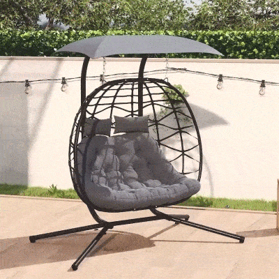 Outsunny Double Wicker Egg Swing Chair with Canopy, Foldable Hanging Egg Chair with Stand Cushion Headrest, Black