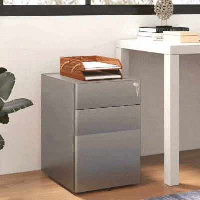 Vinsetto 3 Drawer Filing Cabinet, Steel Home Office Storage Cabinet with Wheels, Lock for A4, Letters, Legal-sized Files, Grey