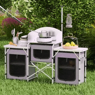 Outsunny Aluminum Camping Kitchen, Portable Folding Camping Table with Fabric Cupboards, Windshield, Bag for BBQ, Picnic, Grey