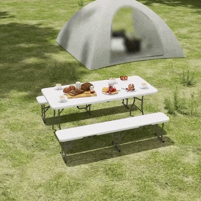 Outsunny 6FT 3-Piece Portable Outdoor Camping Table Bench Set with Carrying Handles, Folding Picnic Table with 2 Benches, White