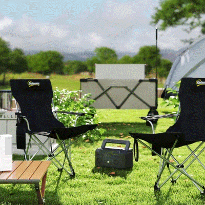 Outsunny Set of 2 Reclining Camping Chair with Foot Rest, Folding Camping Chair w/ Headrest, Cup Holder, Storage Bag, Black