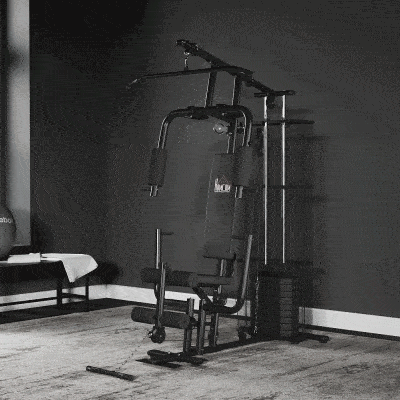 Soozier Home Gym, Multifunction Gym Equipment Workout Station with 100Lbs Weight Stack for Lat Pulldown, Leg Extensions, Preacher Bicep Curls, Triceps Pulldowns, Chest Press, Black