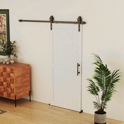 HOMCOM 32inx84in Barn Door with 6FT Sliding Door Hardware Kit, Handle, Upgraded Rollers and Floor Guide, Waterproof, White