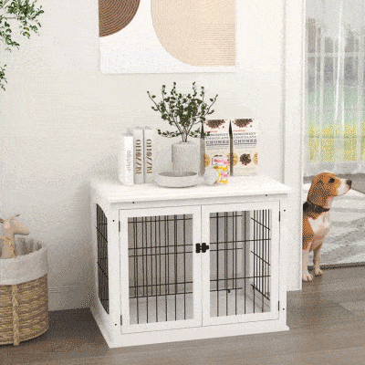 PawHut Small Dog Crate End Table, Lockable Door, White