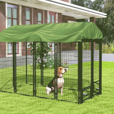 PawHut Outdoor Dog Kennel, Lockable Pet Playpen Crate, Welded Wire Steel Fence, Rotating Bowl Holders, Green