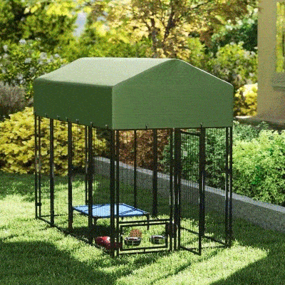 PawHut 8' x 4' x 6' Outdoor Dog Kennel, Dog Kennel Outside Run with 360° Rotating Bowls, Waterproof & UV Resistant Cover Green