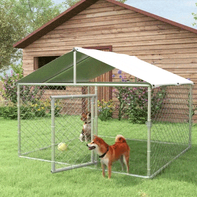 PawHut 6.6' x 6.6' x 4.9' Outdoor Dog Kennel Heavy Duty Galvanized Steel Chain Link with UV-resistant Roof, Silver