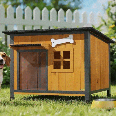 PawHut Outdoor Dog House with Anti-Chewing Steel Frame, Openable Roof, Removable Floor, Door Curtain, Yellow