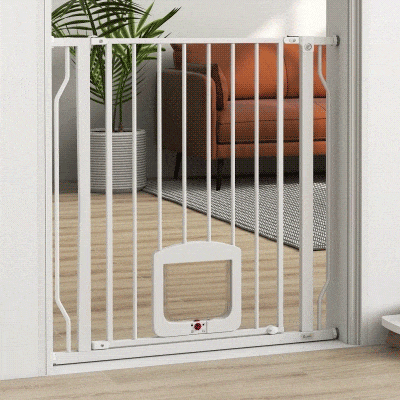 PawHut 29.5-33.5" Adjustable Dog Gate with Cat Door, Easy Install Pressure/Hardware Mounted Pet Gate for Doorways, White