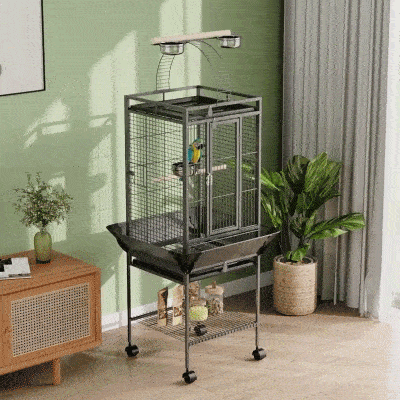 PawHut 61.5 Inch Bird Cage Parakeet House for Cockatiel with Stand, Pull Out Tray, Play Top, Storage Shelf, Wood Perch, Food Container