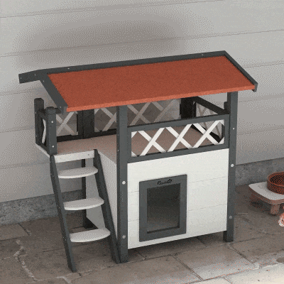 PawHut Wooden 2-Story Shelter for Feral Cats with Asphalt Roof, Stairs, Balcony, 30" x 20" x 29", White