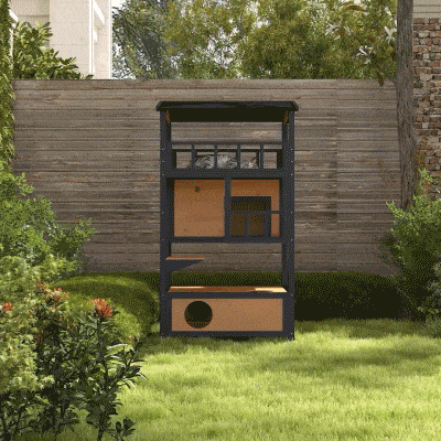 PawHut 4-Floor Wood Outdoor Cat House Catio for Cats with Condo, Fun Entrances, Perch, Natural