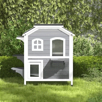 PawHut 2-Storey Outdoor Cat House, Wooden Catio with Openable Roof, Lounge Space, Fun Entrances, for Feral Cats, Grey