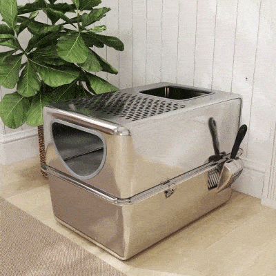PawHut Stainless Steel Cat Litter Box with Lid, Extra Large Enclosed Litter Box with Top Litter-Catching Holes, Scoop, Silver