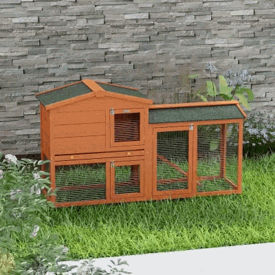 PawHut Two-Level Rabbit Hutch Small Animal House Pet Bunny Cage Home w/ Outdoor Run Water & UV Resistant Roof Access Ramp