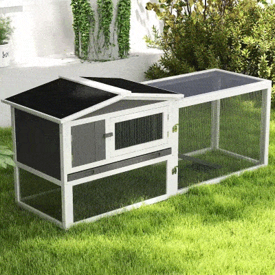 PawHut Wooden Rabbit Hutch Guinea Pig House with Removable Tray, Openable Roof, Trough, Run for Tortoises and Ferrets, Grey