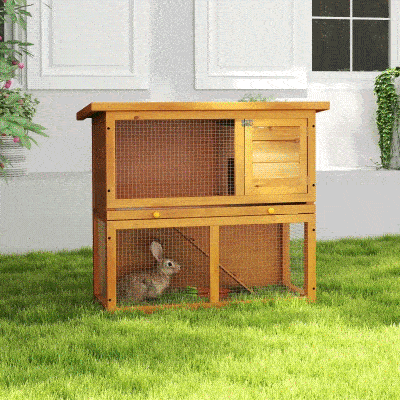 PawHut Wooden Rabbit Hutch, Indoor Outdoor Bunny Cage with Run, 2- Level Guinea Pig House with Slide-Out Tray, Waterproof Roof, Yellow