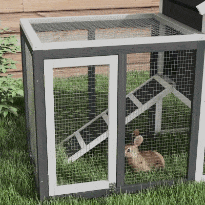 PawHut 49" Weatherproof Wooden Rabbit Hutch With Slant Roof And Screened Outdoor Run, Grey