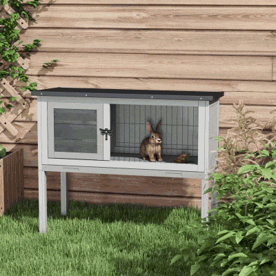 PawHut Wooden Rabbit Hutch with Openable Asphalt Roof, Tray, Grey