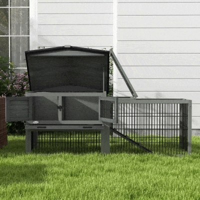PawHut Wood Rabbit Hutch w/ Ramp, Openable Roof, Pull-out Tray, Light Grey