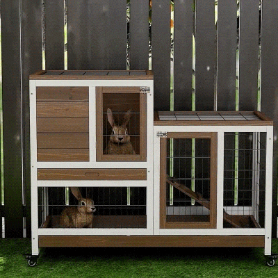 PawHut Wooden Rabbit Hutch, Indoor Bunny Cage with Wheels, Pull Out Trays, Run, Brown