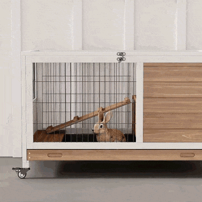 PawHut Wooden Indoor Rabbit Hutch Elevated Bunny Cage Habitat with Enclosed Run with Wheels, Ideal for Rabbits and Guinea Pigs, Brown