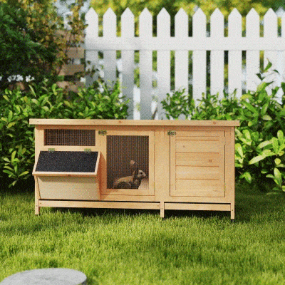 PawHut Large Bunny Hutch, Rabbit Cage with 2 Outdoor Areas, Yellow