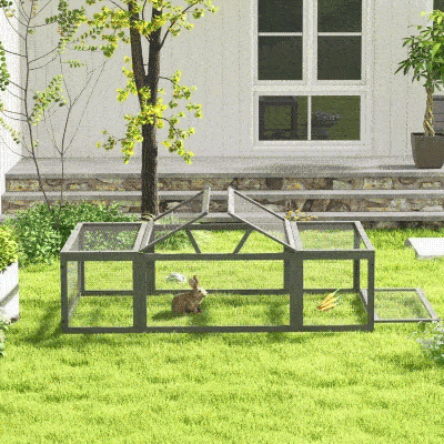 PawHut Large Wooden Rabbit Hutch, Outdoor Enclosure - Gray