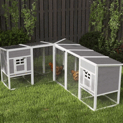 PawHut Chicken Coop with Run, L-Shaped Wooden Chicken House with 2 Houses, Outdoor Hen House with Waterproof Roof and Ramps